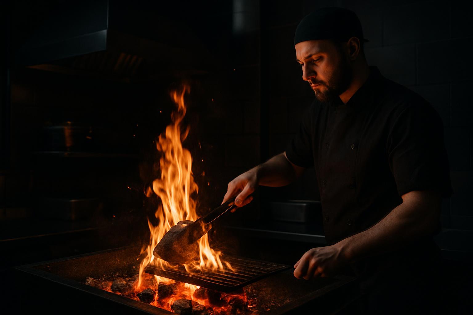 Kok tilbereder mad over åben ild i mørkt restaurantkøkken